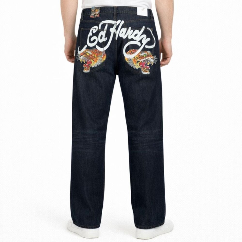 Ed Hardy Tiger Head Y2K Loose Fit Rigid Streetwear Jeans Blue Men 42